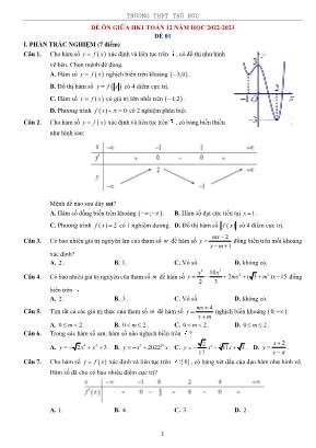 Đề ôn giữa học kỳ 1 Toán 12 - Năm học 2022-2023 - Trường THPT Thủ Đức